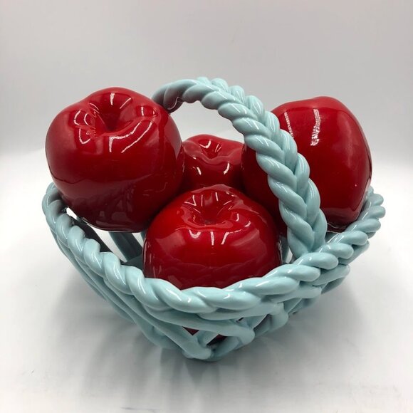 Grace's Pantry Light Blue Hand Woven Ceramic Basket With 4 Faux Apples - Picture 9 of 15